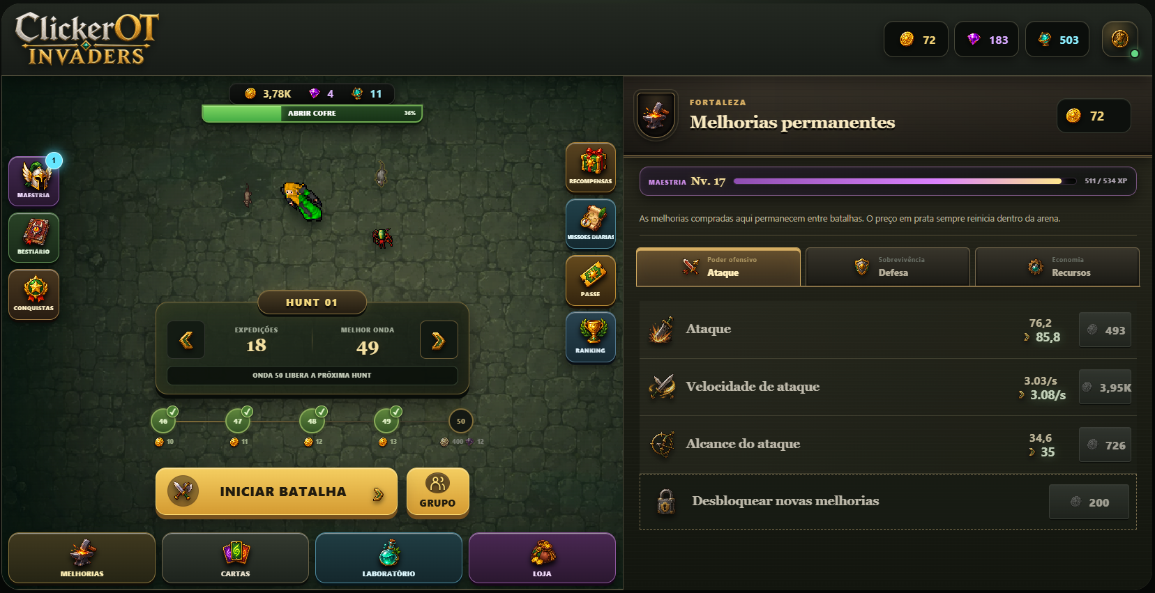Actual Fortress interface — Hunt, best wave, and permanent upgrades in one view.